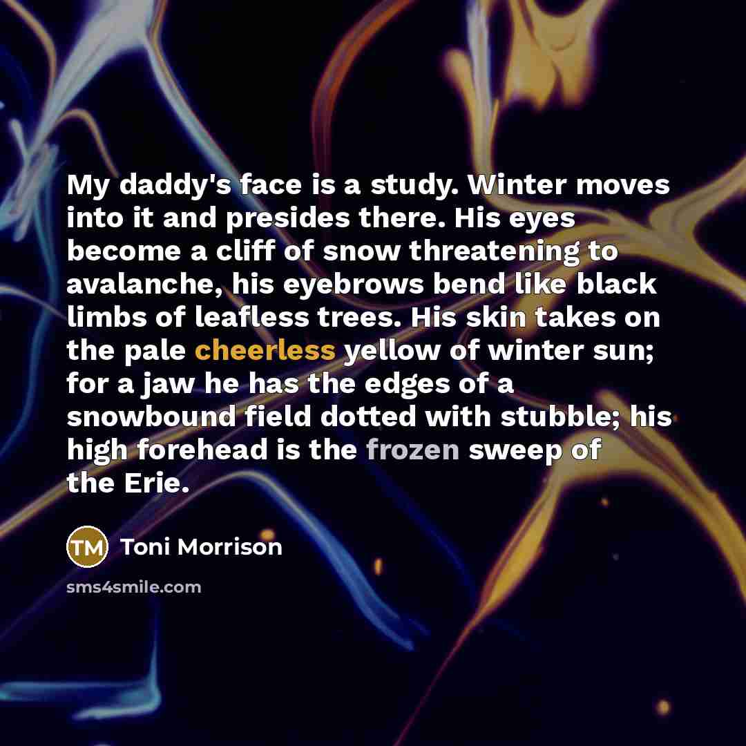 “My daddy's face is a study. Winter moves into it and presides there. His eyes become a cliff of snow threatening to avalanche, his eyebrows bend like black limbs of leafless trees. His skin takes on the pale cheerless yellow of winter sun; for a jaw he has the edges of a snowbound field dotted…” quote by Toni Morrison