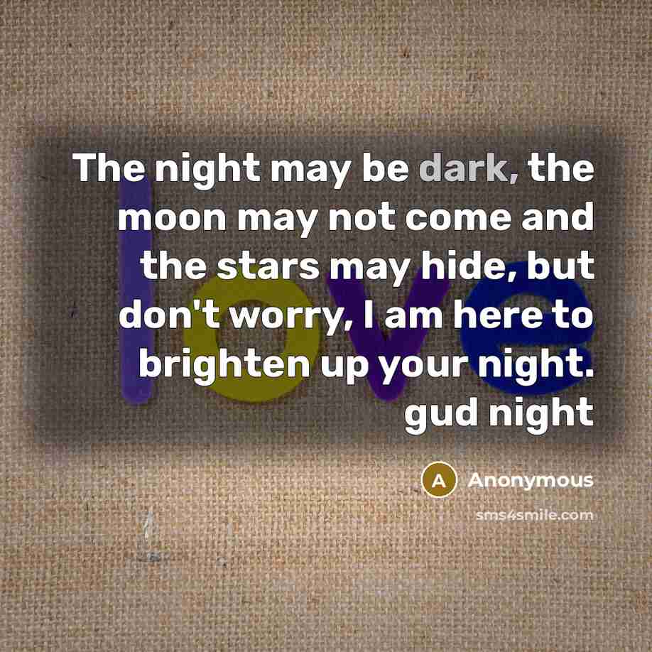 “The night may be dark, the moon may not come and the stars may hide, but don't worry, I am here to brighten up your night. gud night” quote by Anonymous
