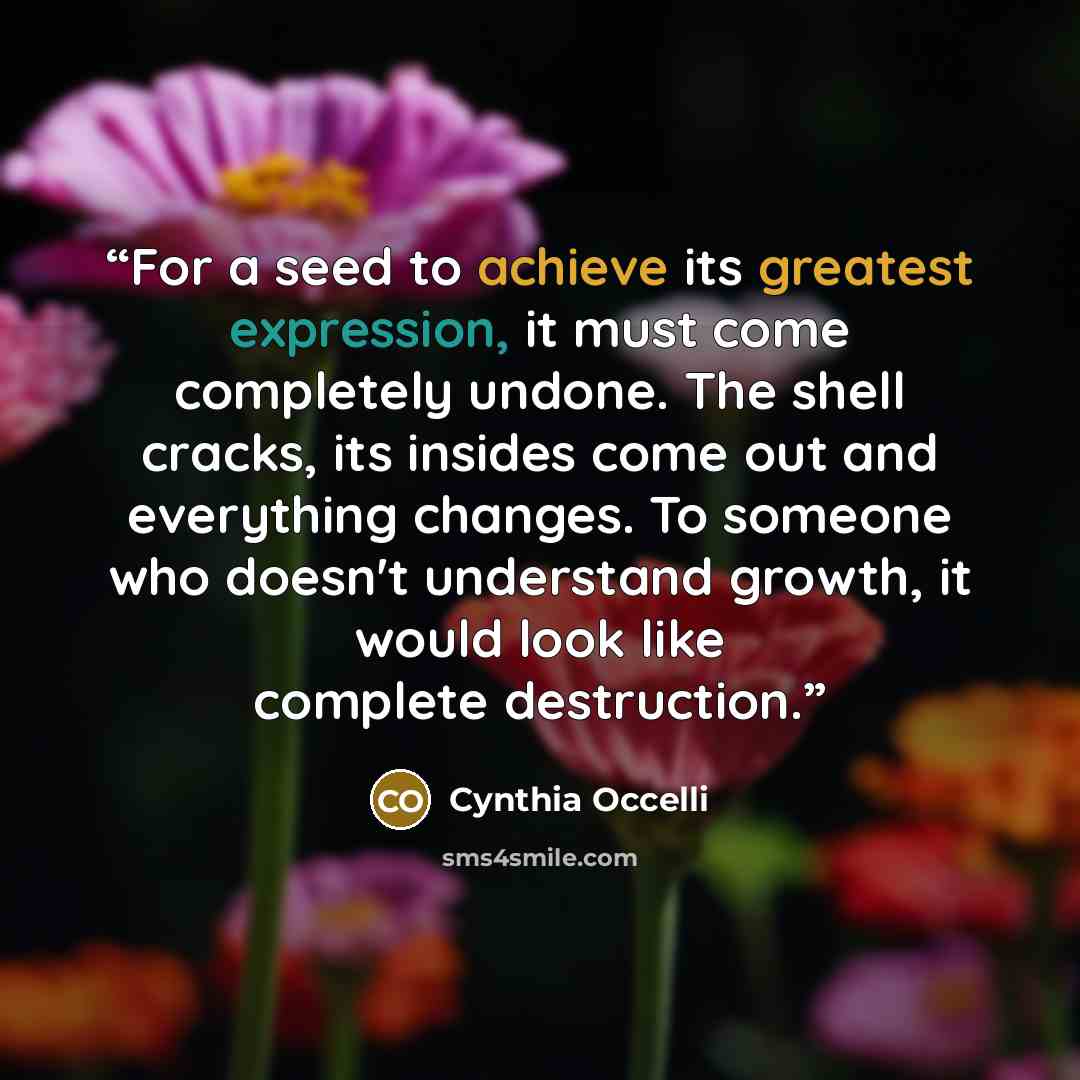 “For a seed to achieve its greatest expression, it must come completely undone. The shell cracks, its insides come out and everything changes. To someone who doesn't understand growth, it would look like complete destruction.” quote by Cynthia Occelli