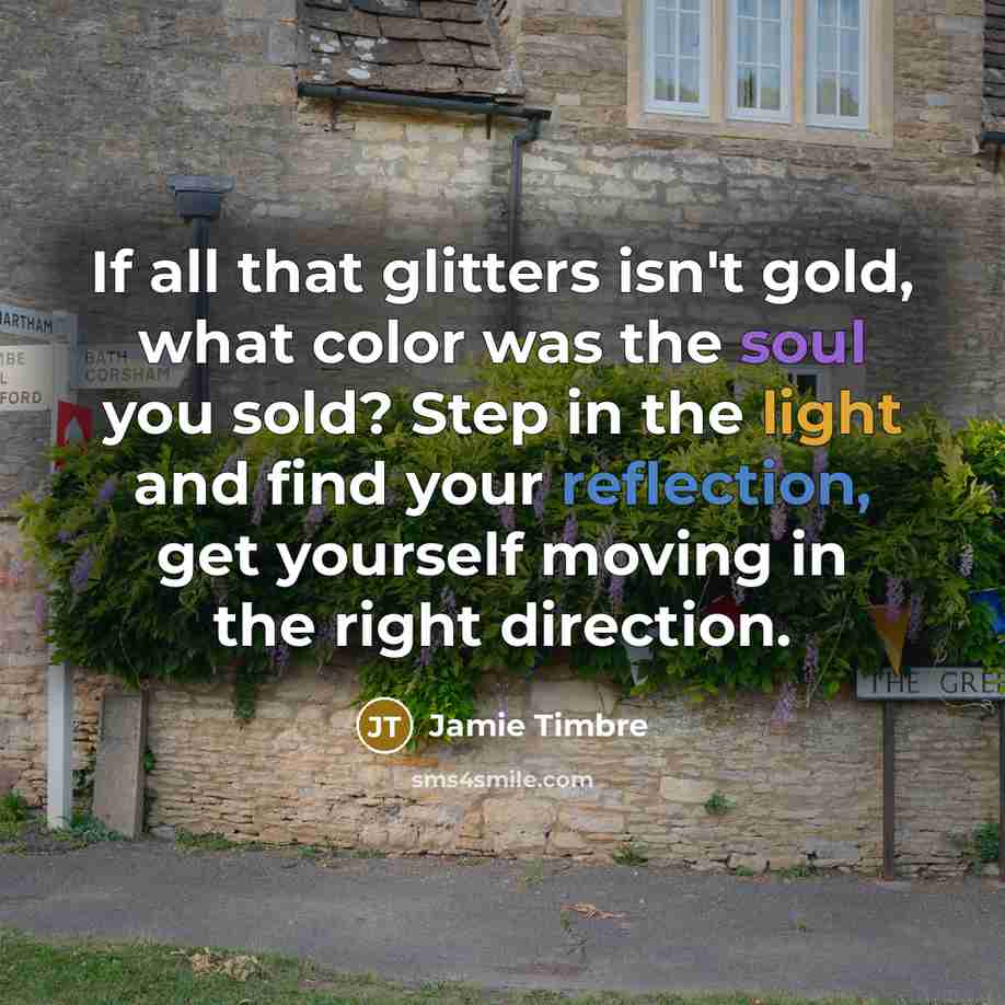 “If all that glitters isn't gold, what color was the soul you sold? Step in the light and find your reflection, get yourself moving in the right direction.” quote by Jamie Timbre