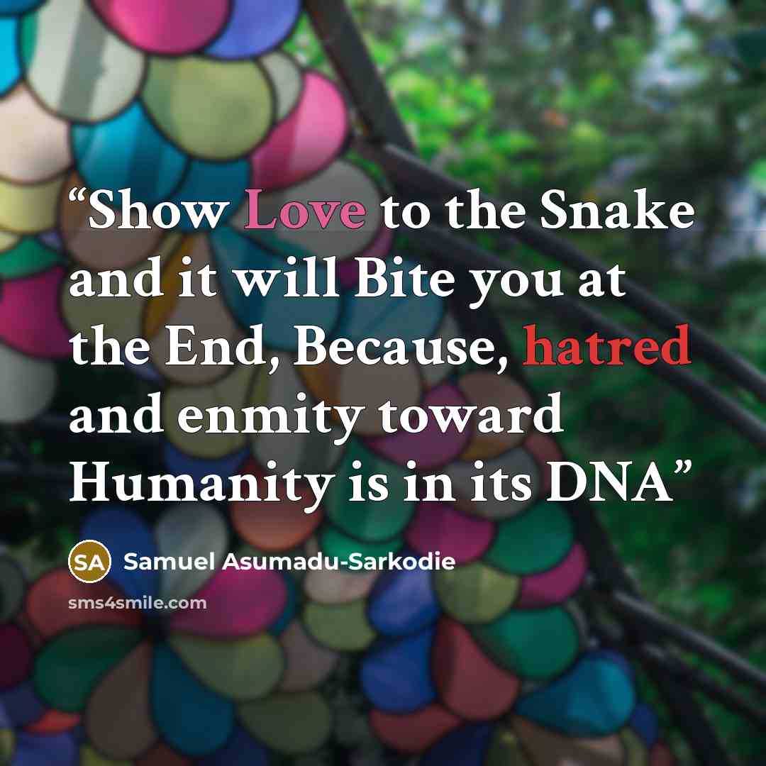 “Show Love to the Snake and it will Bite you at the End, Because, hatred and enmity toward Humanity is in its DNA” quote by Samuel Asumadu-Sarkodie