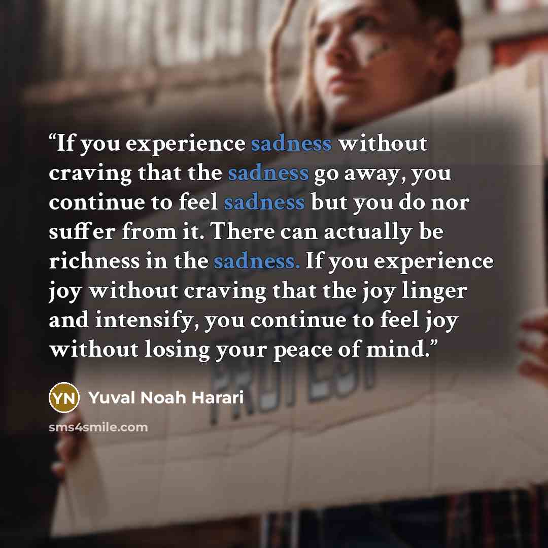 “If you experience sadness without craving that the sadness go away, you continue to feel sadness but you do nor suffer from it. There can actually be richness in the sadness. If you experience joy without craving that the joy linger and intensify, you continue to feel joy without losing your peace…” quote by Yuval Noah Harari