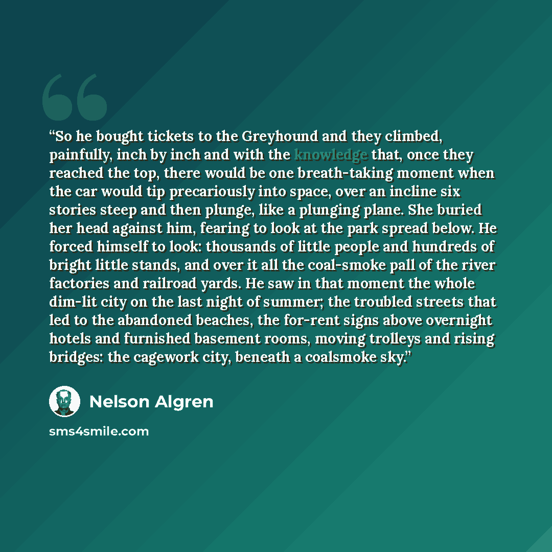 “So he bought tickets to the Greyhound and they climbed, painfully, inch by inch and with the knowledge that, once they reached the top, there would be one breath-taking moment when the car would tip precariously into space, over an incline six stories steep and then plunge, like a plunging plane…” quote by Nelson Algren
