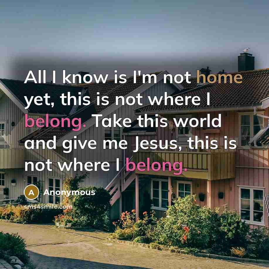 “All I know is I'm not home yet, this is not where I belong. Take this world and give me Jesus, this is not where I belong.” quote by Anonymous