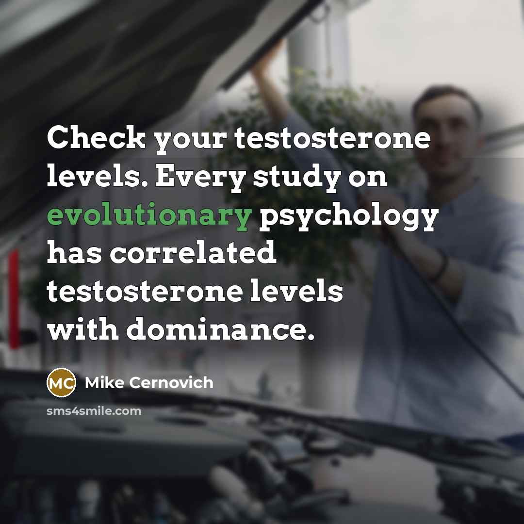 “Check your testosterone levels. Every study on evolutionary psychology has correlated testosterone levels with dominance.” quote by Mike Cernovich