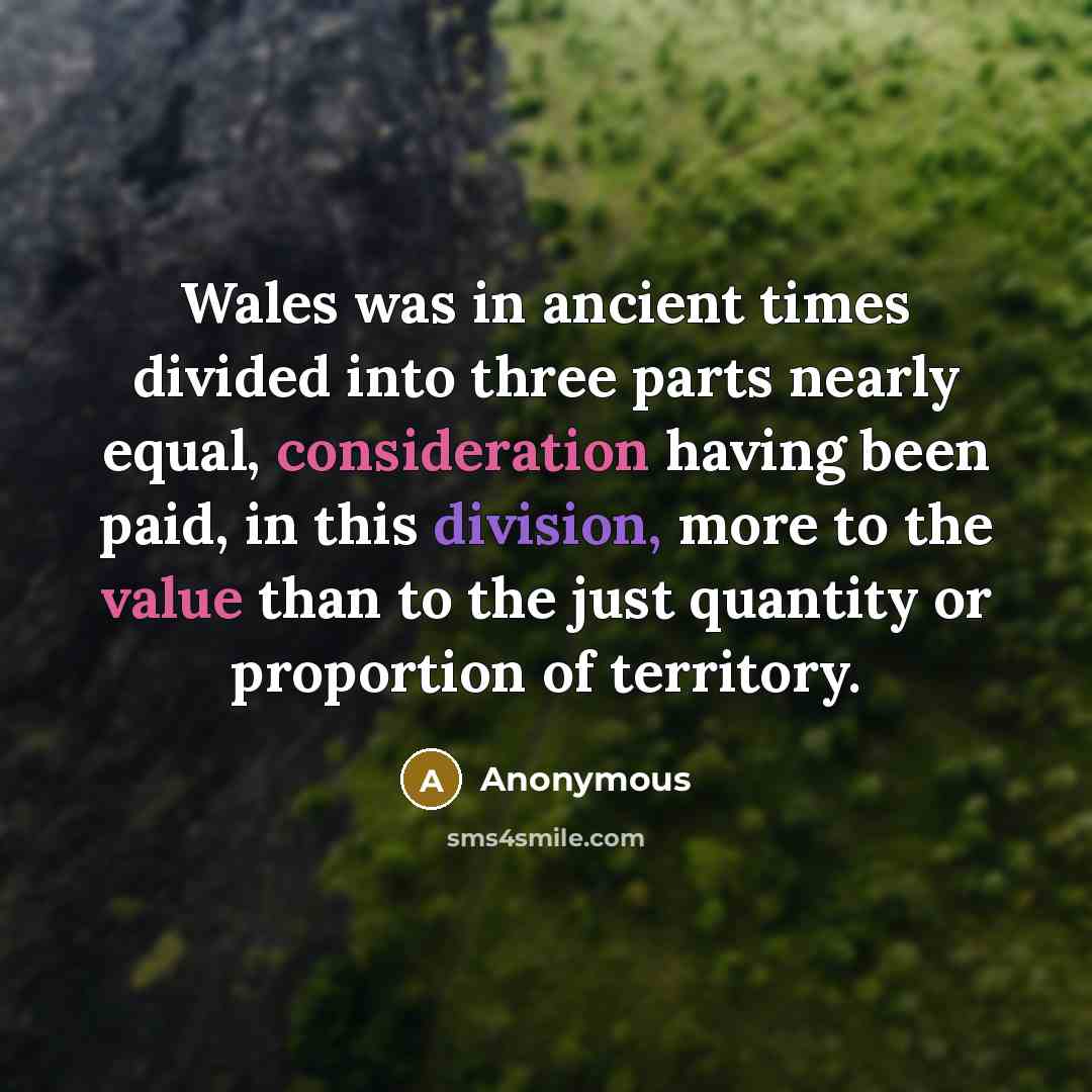 “Wales was in ancient times divided into three parts nearly equal, consideration having been paid, in this division, more to the value than to the just quantity or proportion of territory.” quote by Anonymous