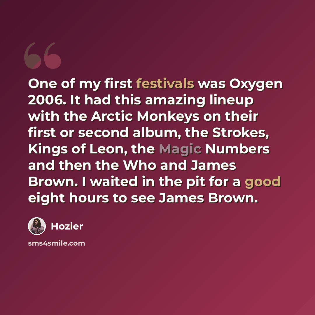 “One of my first festivals was Oxygen 2006. It had this amazing lineup with the Arctic Monkeys on their first or second album, the Strokes, Kings of Leon, the Magic Numbers and then the Who and James Brown. I waited in the pit for a good eight hours to see James Brown.” quote by Hozier