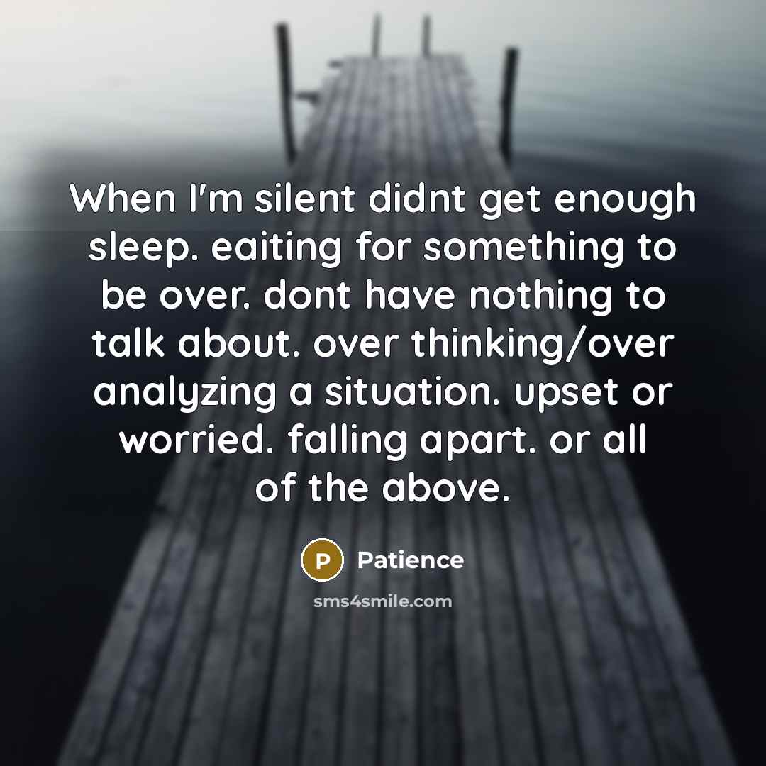 “When I'm silent didnt get enough sleep. eaiting for something to be over. dont have nothing to talk about. over thinking/over analyzing a situation. upset or worried. falling apart. or all of the above.” quote by Patience