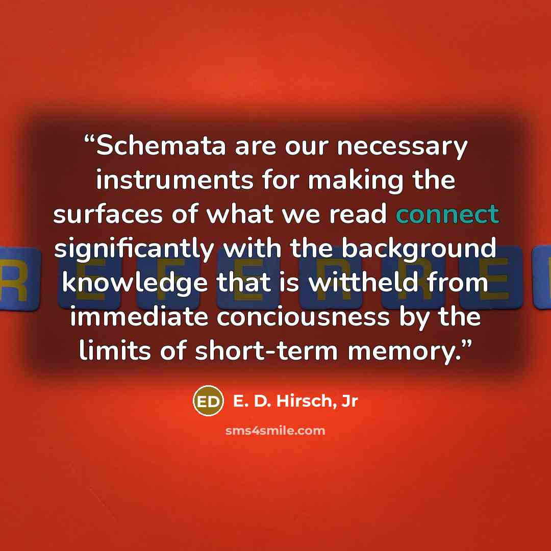 “Schemata are our necessary instruments for making the surfaces of what we read connect significantly with the background knowledge that is wittheld from immediate conciousness by the limits of short-term memory.” quote by E. D. Hirsch, Jr