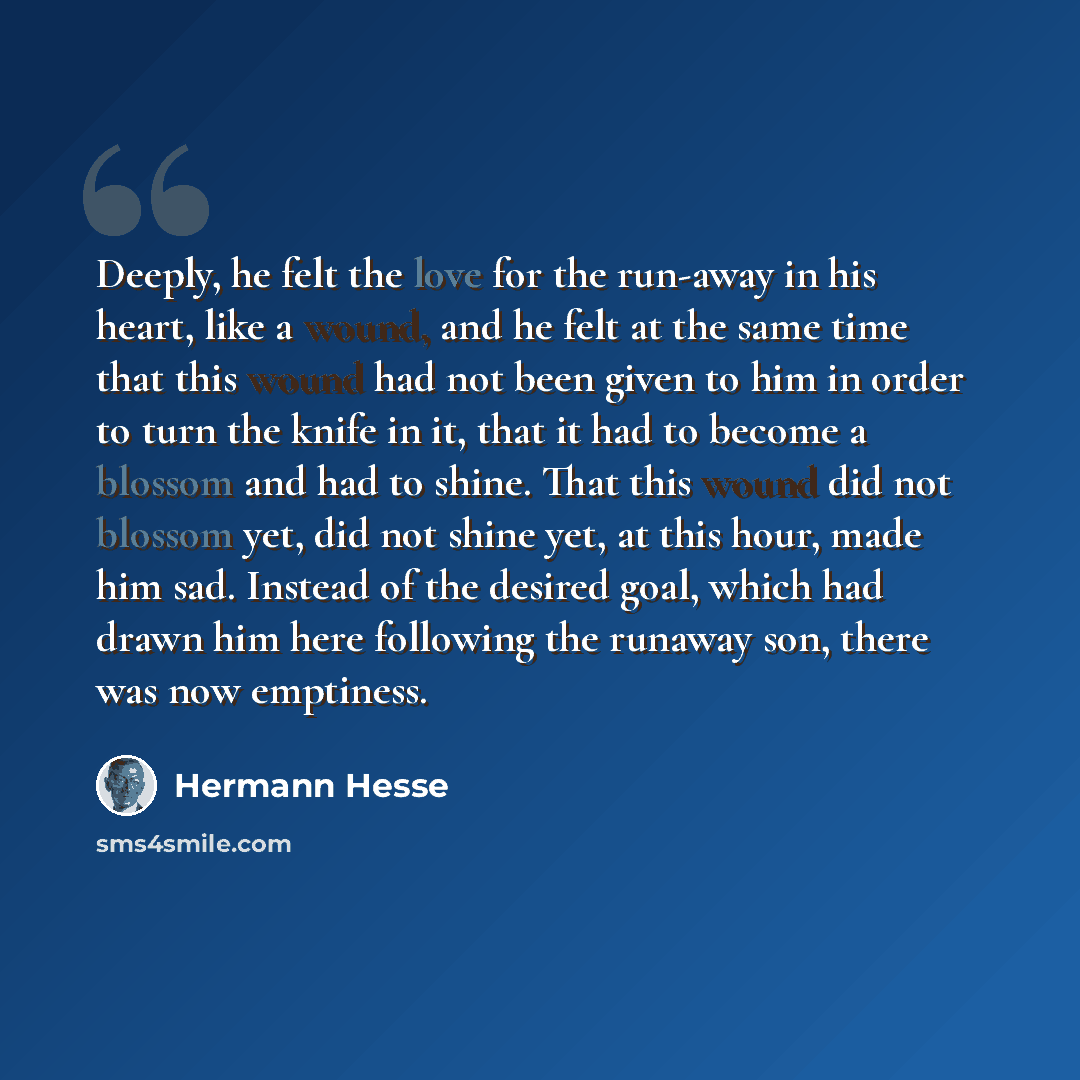 “Deeply, he felt the love for the run-away in his heart, like a wound, and he felt at the same time that this wound had not been given to him in order to turn the knife in it, that it had to become a blossom and had to shine. That this wound did not blossom yet, did not shine yet, at this hour…” quote by Hermann Hesse