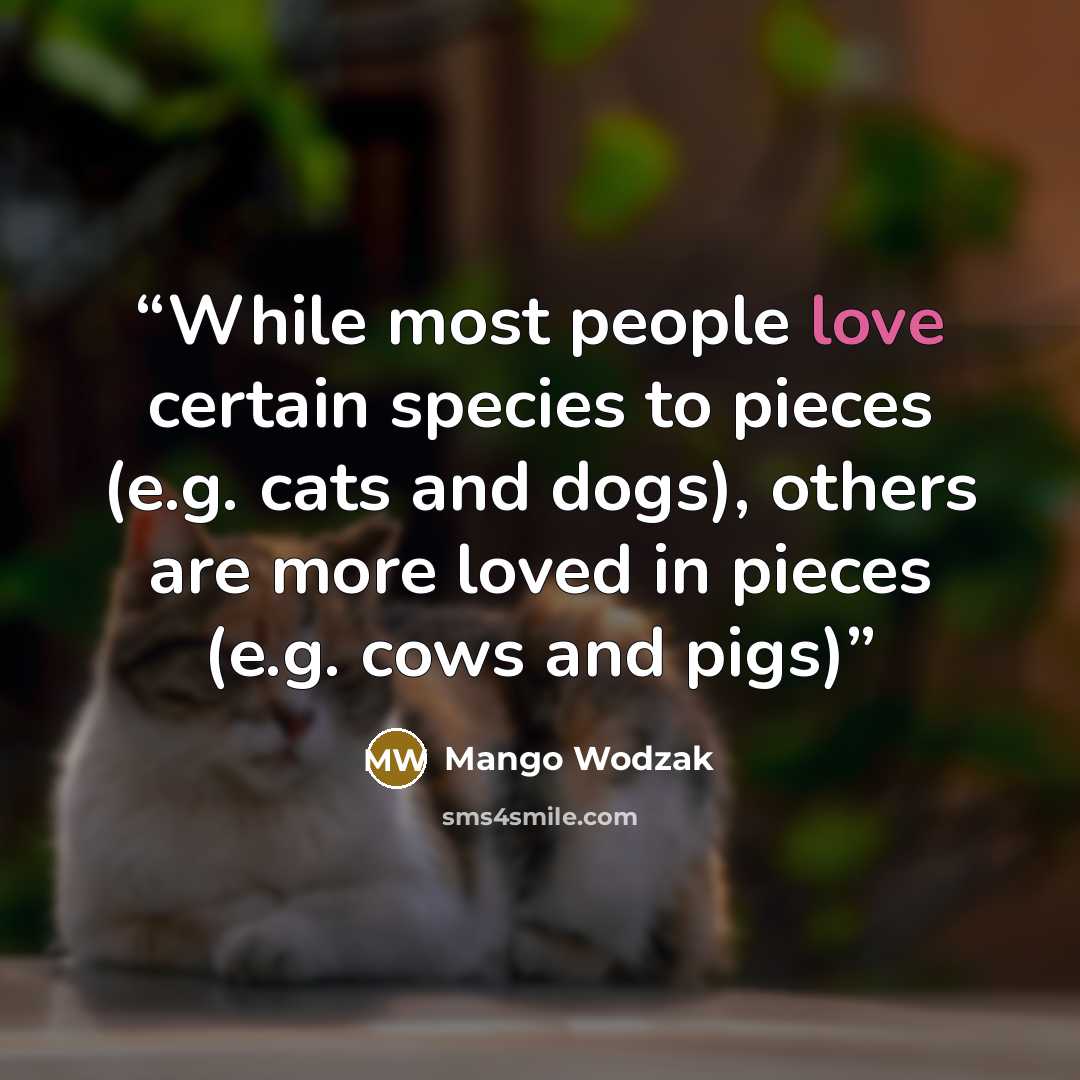 “While most people love certain species to pieces (e.g. cats and dogs), others are more loved in pieces (e.g. cows and pigs)” quote by Mango Wodzak