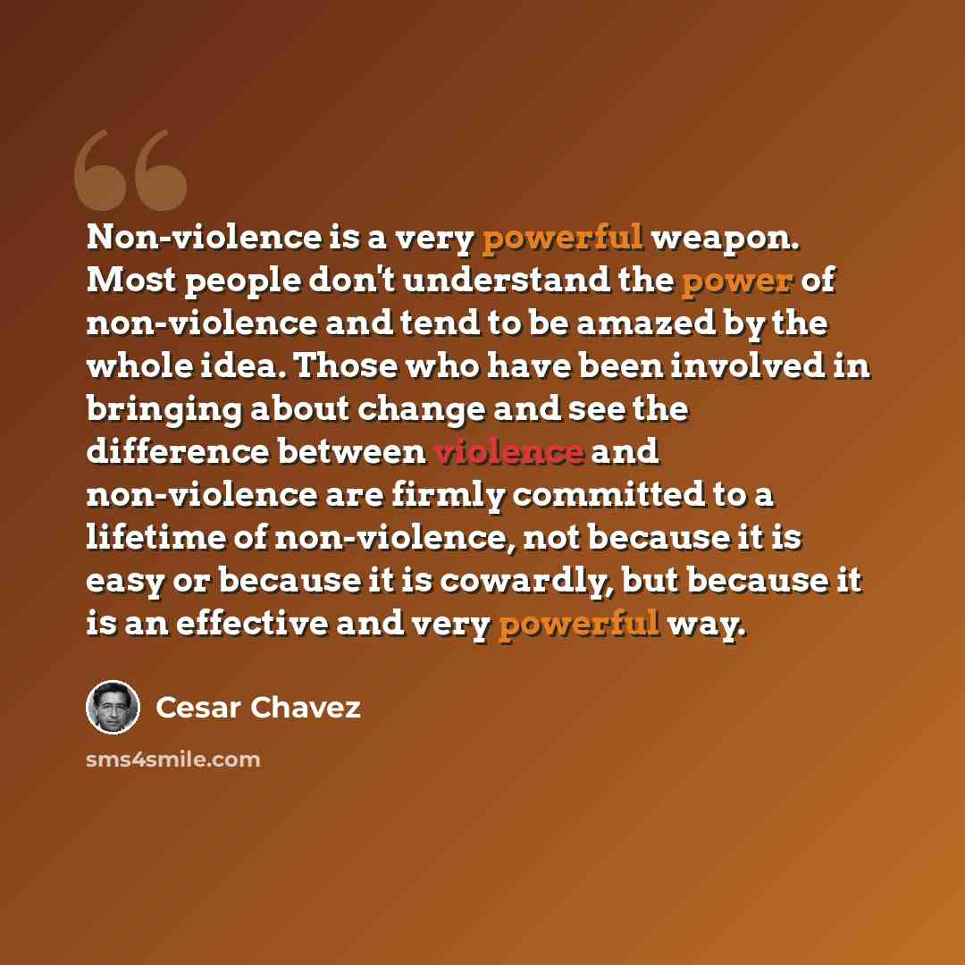 “Non-violence is a very powerful weapon. Most people don't understand the power of non-violence and tend to be amazed by the whole idea. Those who have been involved in bringing about change and see the difference between violence and non-violence are firmly committed to a lifetime of non-violence…” quote by Cesar Chavez