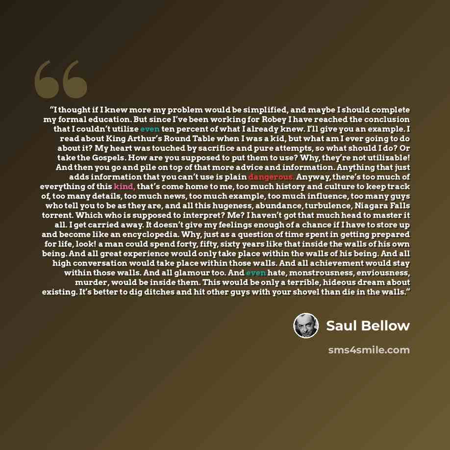 “I thought if I knew more my problem would be simplified, and maybe I should complete my formal education. But since I’ve been working for Robey I have reached the conclusion that I couldn’t utilize even ten percent of what I already knew. I’ll give you an example. I read about King Arthur’s Round…” quote by Saul Bellow