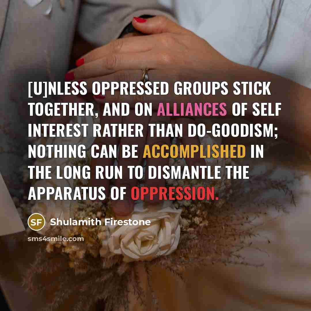 “[U]nless oppressed groups stick together, and on alliances of self interest rather than do-goodism; nothing can be accomplished in the long run to dismantle the apparatus of oppression.” quote by Shulamith Firestone