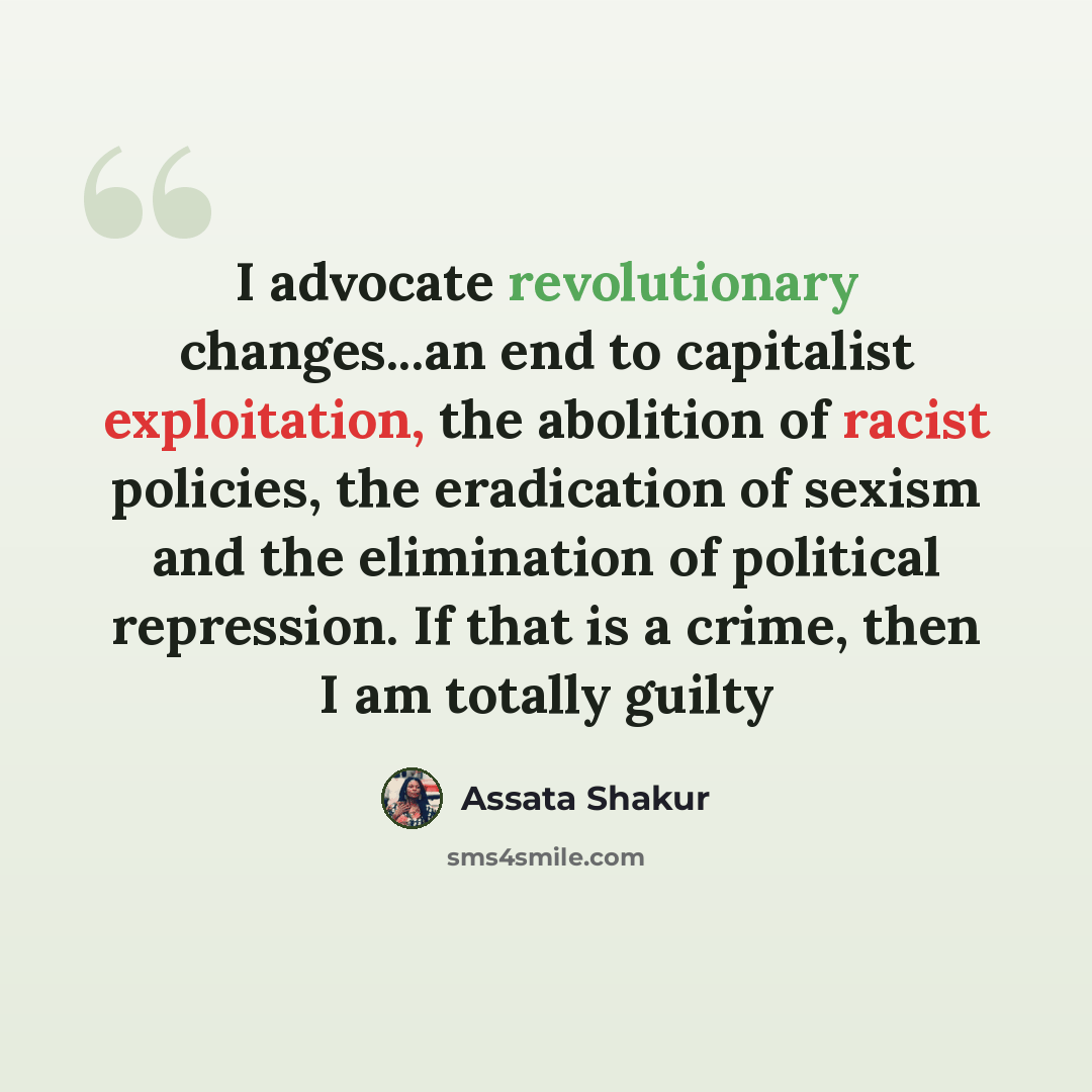 “I advocate revolutionary changes...an end to capitalist exploitation, the abolition of racist policies, the eradication of sexism and the elimination of political repression. If that is a crime, then I am totally guilty” quote by Assata Shakur