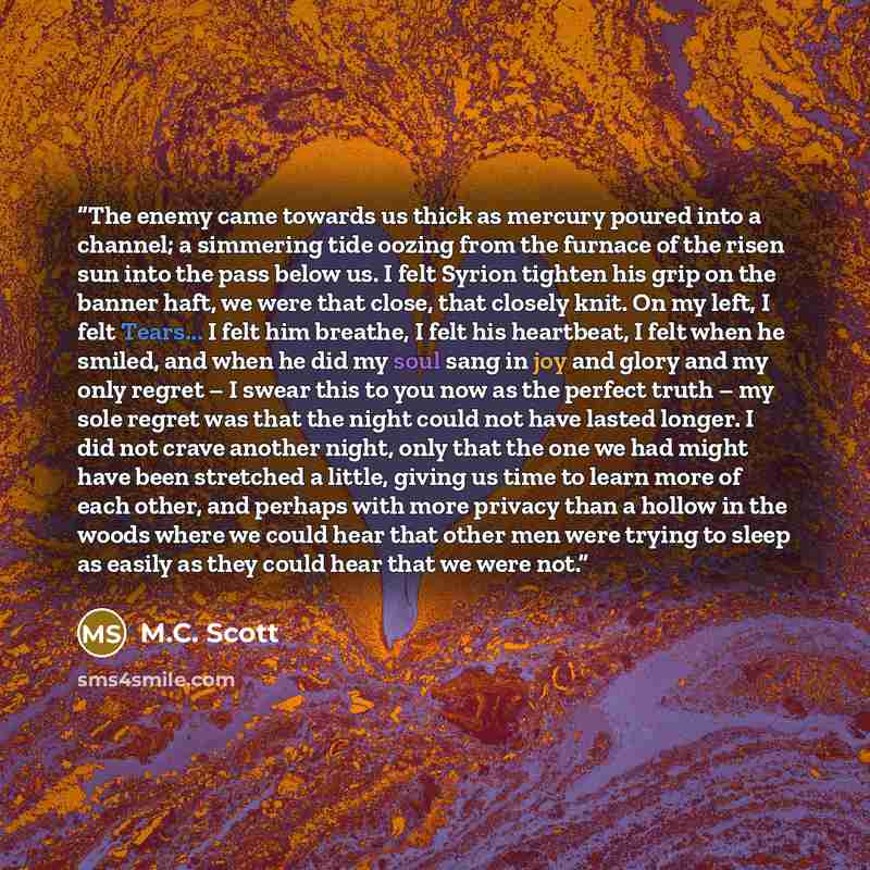 “The enemy came towards us thick as mercury poured into a channel; a simmering tide oozing from the furnace of the risen sun into the pass below us. I felt Syrion tighten his grip on the banner haft, we were that close, that closely knit. On my left, I felt Tears... I felt him breathe, I felt his…” quote by M.C. Scott