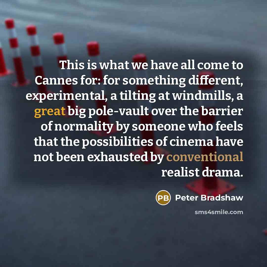 “This is what we have all come to Cannes for: for something different, experimental, a tilting at windmills, a great big pole-vault over the barrier of normality by someone who feels that the possibilities of cinema have not been exhausted by conventional realist drama.” quote by Peter Bradshaw
