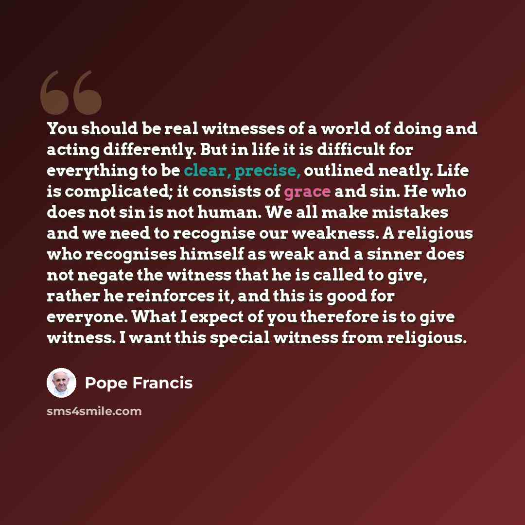 “You should be real witnesses of a world of doing and acting differently. But in life it is difficult for everything to be clear, precise, outlined neatly. Life is complicated; it consists of grace and sin. He who does not sin is not human. We all make mistakes and we need to recognise our…” quote by Pope Francis