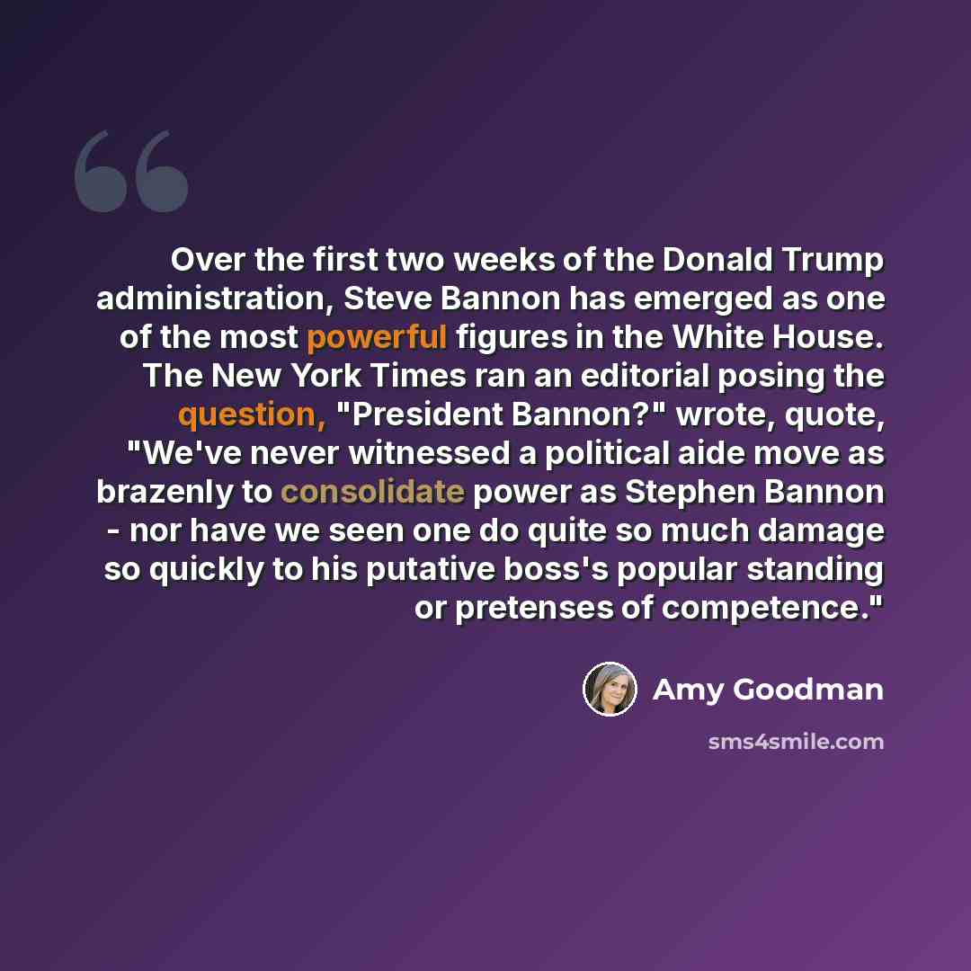 “Over the first two weeks of the Donald Trump administration, Steve Bannon has emerged as one of the most powerful figures in the White House. The New York Times ran an editorial posing the question, "President Bannon?" wrote, quote, "We've never witnessed a political aide move as brazenly to…” quote by Amy Goodman