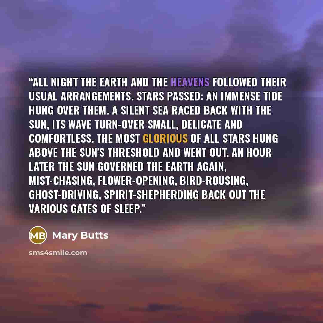 “All night the earth and the heavens followed their usual arrangements. Stars passed: an immense tide hung over them. A silent sea raced back with the sun, its wave turn-over small, delicate and comfortless. The most glorious of all stars hung above the sun's threshold and went out. An hour later…” quote by Mary Butts