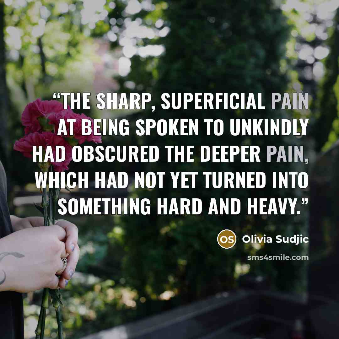 “The sharp, superficial pain at being spoken to unkindly had obscured the deeper pain, which had not yet turned into something hard and heavy.” quote by Olivia Sudjic