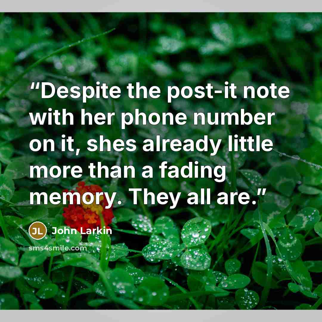 “Despite the post-it note with her phone number on it, shes already little more than a fading memory. They all are.” quote by John Larkin