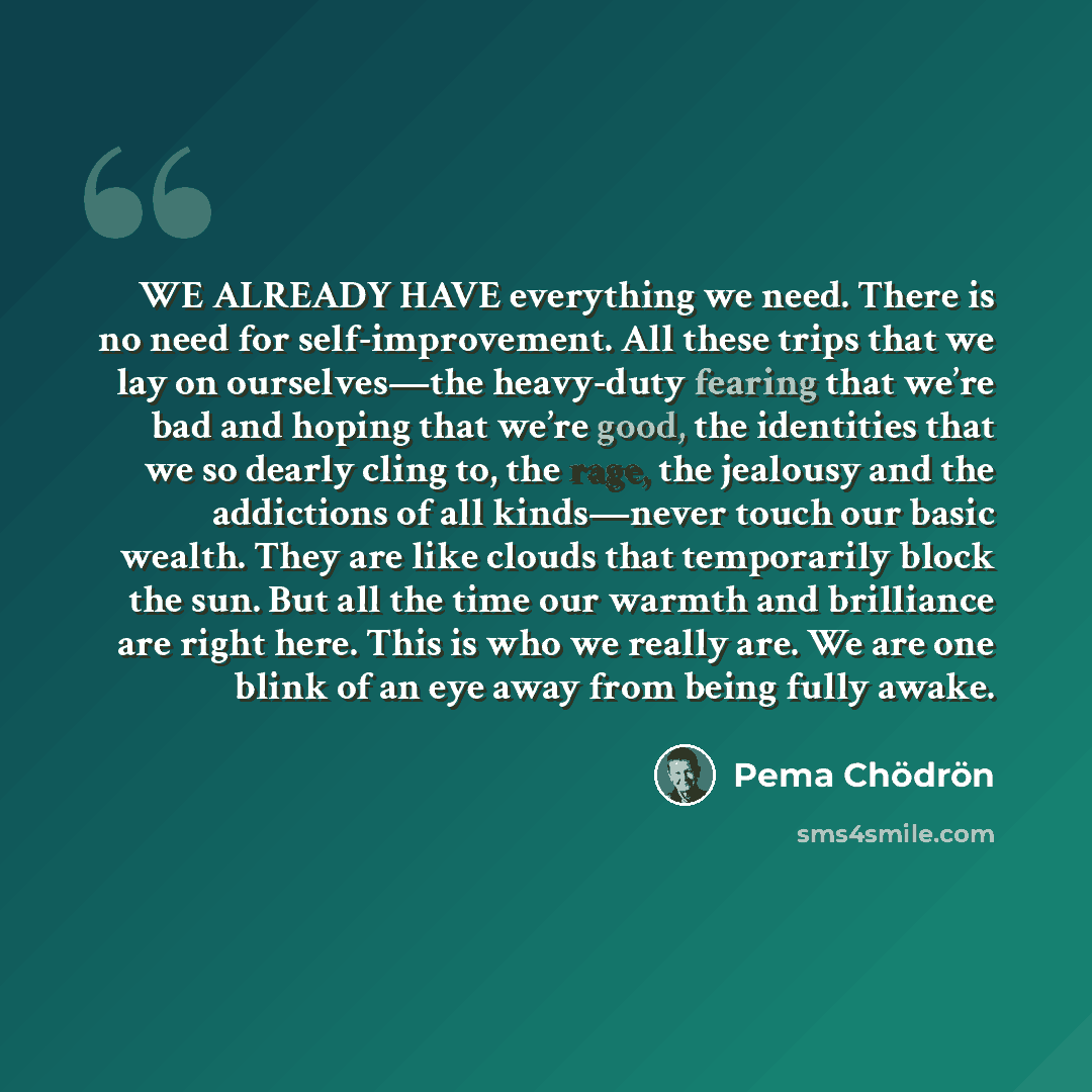 “WE ALREADY HAVE everything we need. There is no need for self-improvement. All these trips that we lay on ourselves—the heavy-duty fearing that we’re bad and hoping that we’re good, the identities that we so dearly cling to, the rage, the jealousy and the addictions of all kinds—never touch our…” quote by Pema Chodron