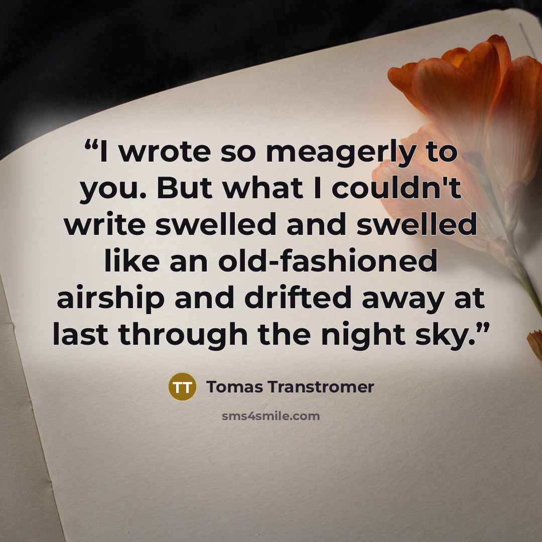 “I wrote so meagerly to you. But what I couldn't write swelled and swelled like an old-fashioned airship and drifted away at last through the night sky.” quote by Tomas Tranströmer
