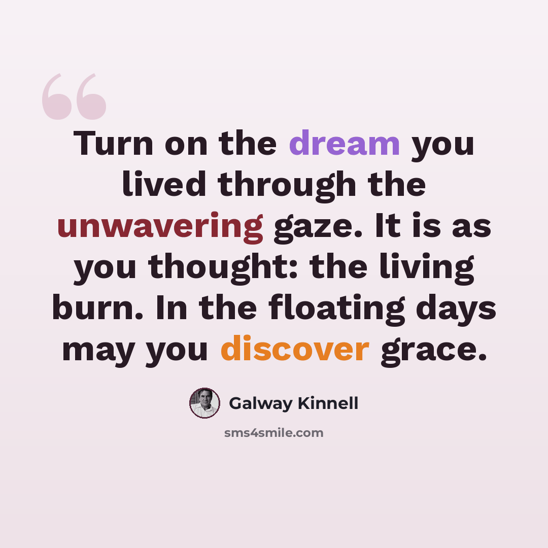 “Turn on the dream you lived through the unwavering gaze. It is as you thought: the living burn. In the floating days may you discover grace.” quote by Galway Kinnell