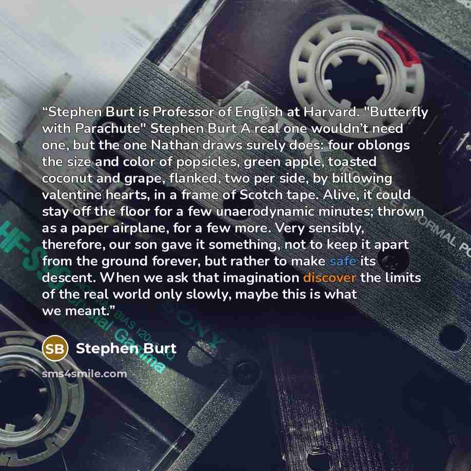 “Stephen Burt is Professor of English at Harvard. "Butterfly with Parachute" Stephen Burt A real one wouldn’t need one, but the one Nathan draws surely does: four oblongs the size and color of popsicles, green apple, toasted coconut and grape, flanked, two per side, by billowing valentine hearts…” quote by Stephen Burt