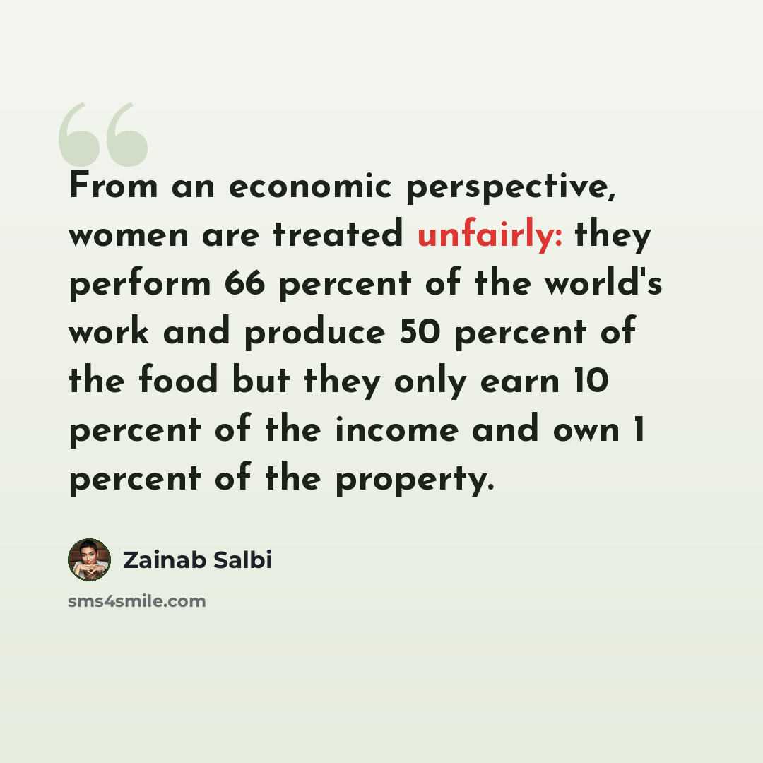 “From an economic perspective, women are treated unfairly: they perform 66 percent of the world's work and produce 50 percent of the food but they only earn 10 percent of the income and own 1 percent of the property.” quote by Zainab Salbi
