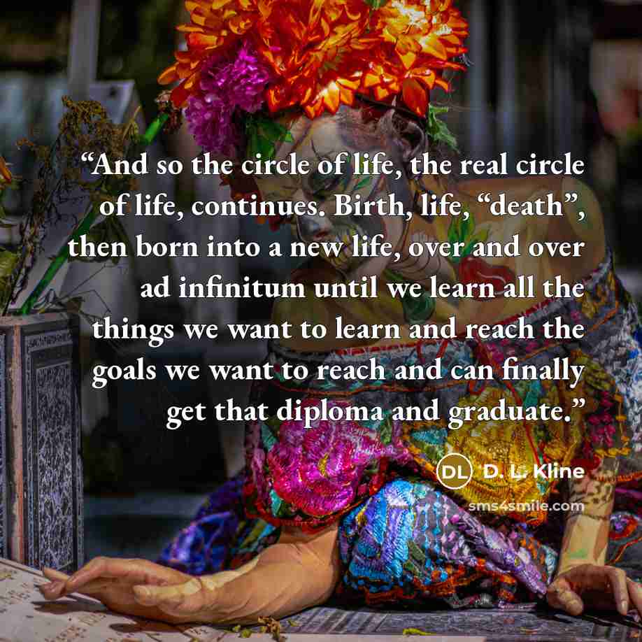 “And so the circle of life, the real circle of life, continues. Birth, life, “death”, then born into a new life, over and over ad infinitum until we learn all the things we want to learn and reach the goals we want to reach and can finally get that diploma and graduate.” quote by D. L. Kline
