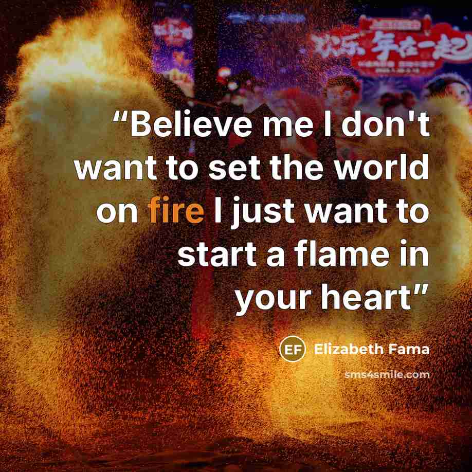 “Believe me I don't want to set the world on fire I just want to start a flame in your heart” quote by Elizabeth Fama