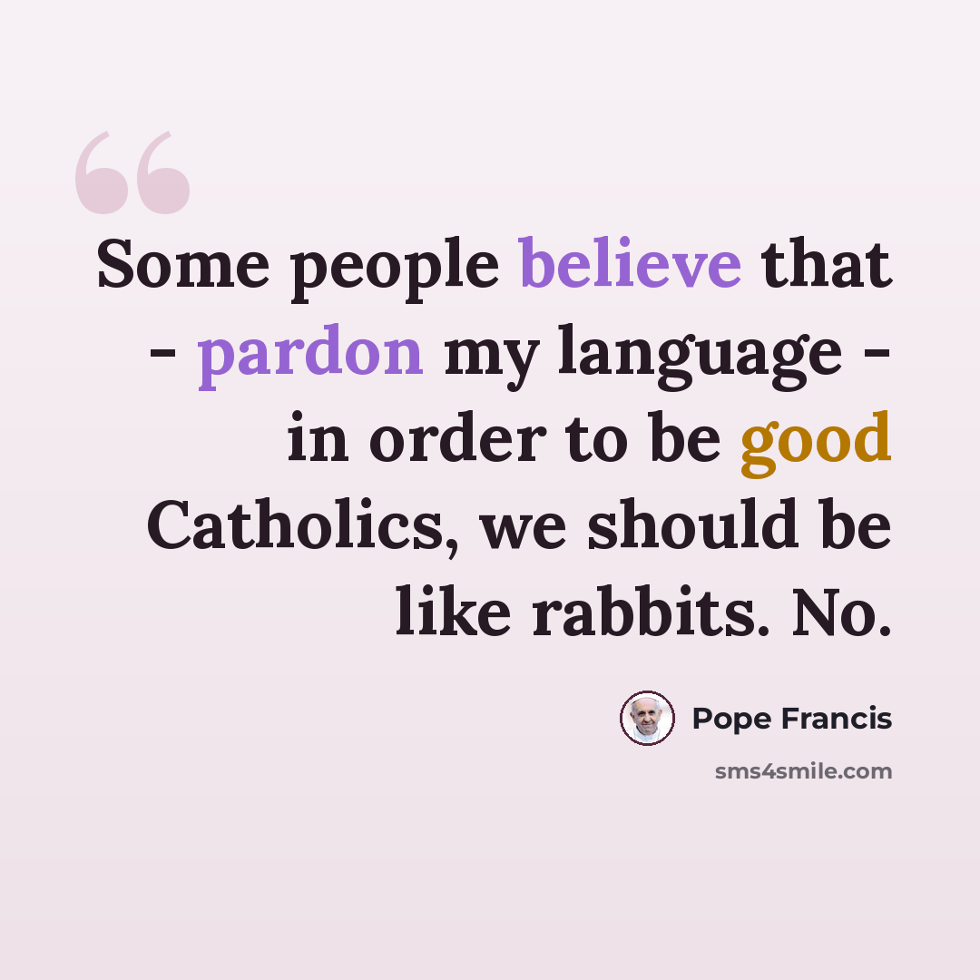 “Some people believe that - pardon my language - in order to be good Catholics, we should be like rabbits. No.” quote by Pope Francis
