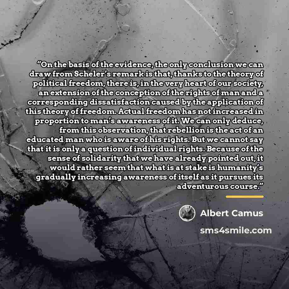 “On the basis of the evidence, the only conclusion we can draw from Scheler’s remark is that, thanks to the theory of political freedom, there is, in the very heart of our society, an extension of the conception of the rights of man and a corresponding dissatisfaction caused by the application of…” quote by Albert Camus