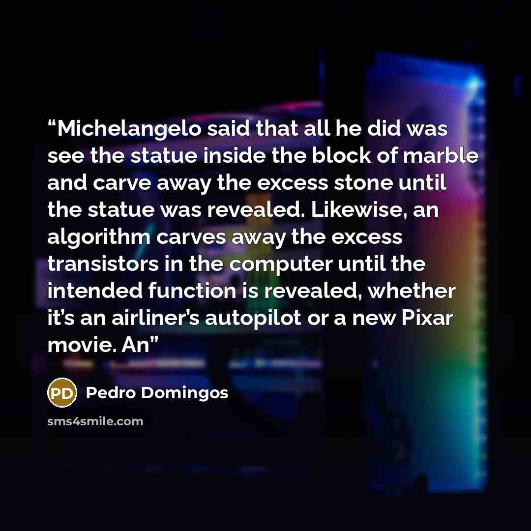 “Michelangelo said that all he did was see the statue inside the block of marble and carve away the excess stone until the statue was revealed. Likewise, an algorithm carves away the excess transistors in the computer until the intended function is revealed, whether it’s an airliner’s autopilot or…” quote by Pedro Domingos