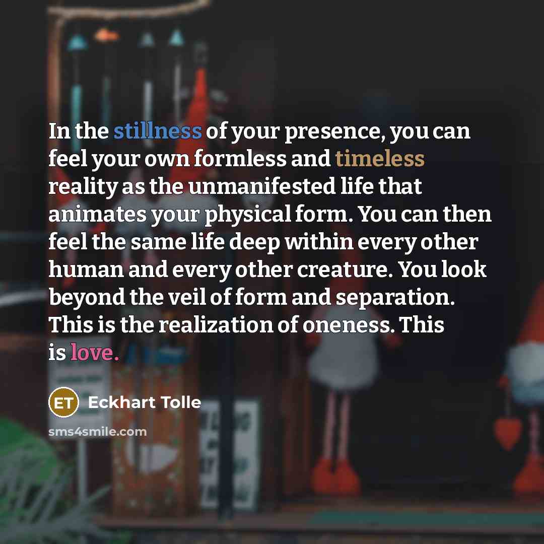 “In the stillness of your presence, you can feel your own formless and timeless reality as the unmanifested life that animates your physical form. You can then feel the same life deep within every other human and every other creature. You look beyond the veil of form and separation. This is the…” quote by Eckhart Tolle