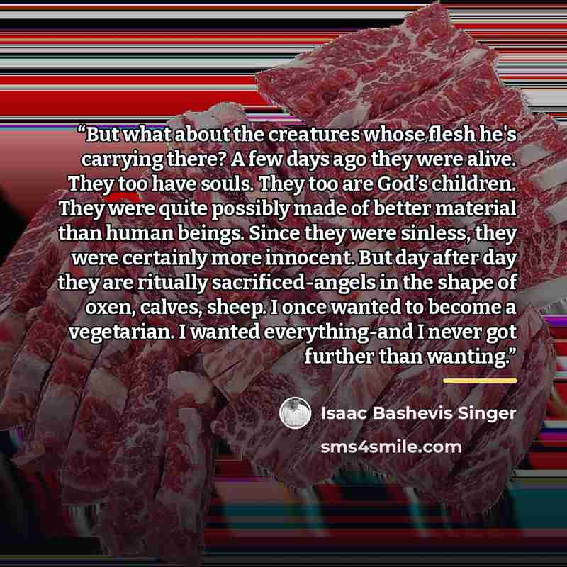 “But what about the creatures whose flesh he's carrying there? A few days ago they were alive. They too have souls. They too are God’s children. They were quite possibly made of better material than human beings. Since they were sinless, they were certainly more innocent. But day after day they are…” quote by Isaac Bashevis Singer