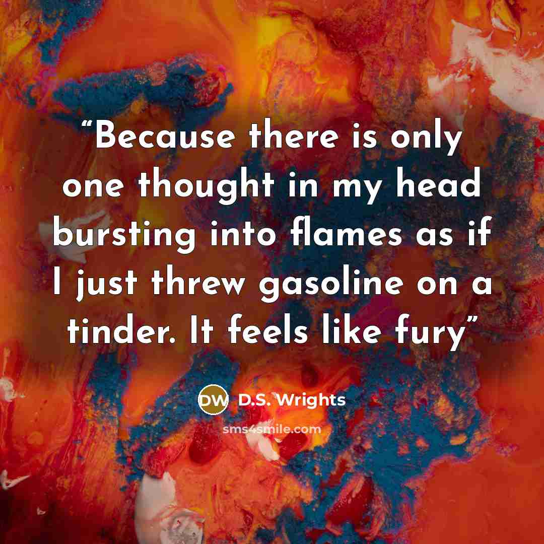“Because there is only one thought in my head bursting into flames as if I just threw gasoline on a tinder. It feels like fury” quote by D.S. Wrights