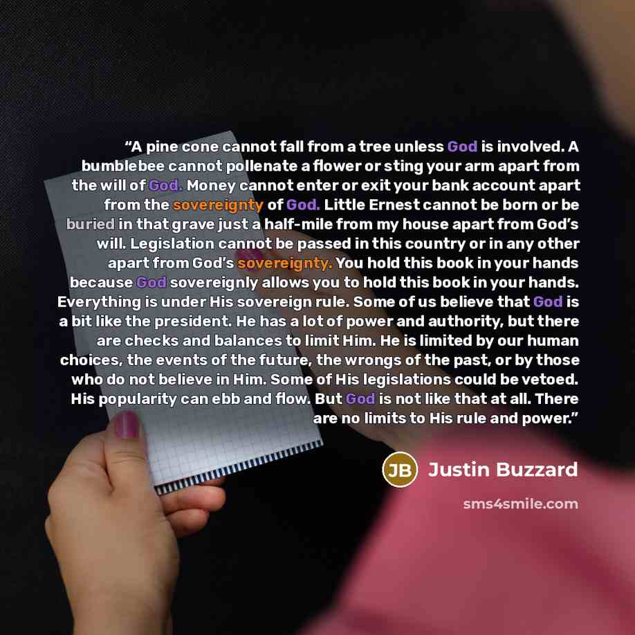 “A pine cone cannot fall from a tree unless God is involved. A bumblebee cannot pollenate a flower or sting your arm apart from the will of God. Money cannot enter or exit your bank account apart from the sovereignty of God. Little Ernest cannot be born or be buried in that grave just a half-mile…” quote by Justin Buzzard