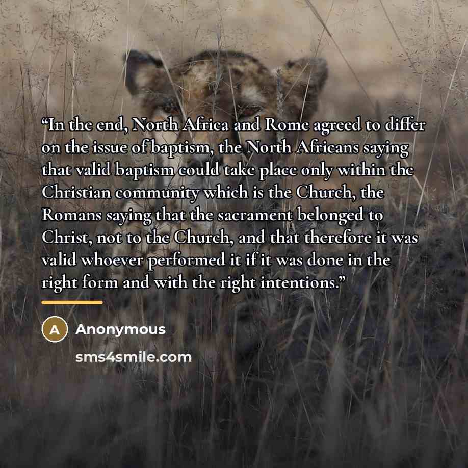 “In the end, North Africa and Rome agreed to differ on the issue of baptism, the North Africans saying that valid baptism could take place only within the Christian community which is the Church, the Romans saying that the sacrament belonged to Christ, not to the Church, and that therefore it was…” quote by Anonymous