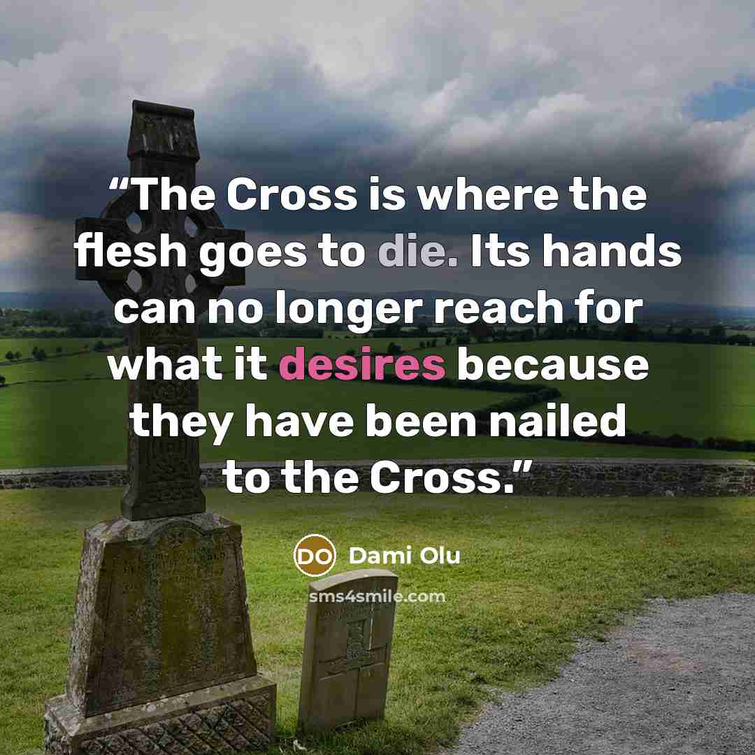 “The Cross is where the flesh goes to die. Its hands can no longer reach for what it desires because they have been nailed to the Cross.” quote by Dami Olu