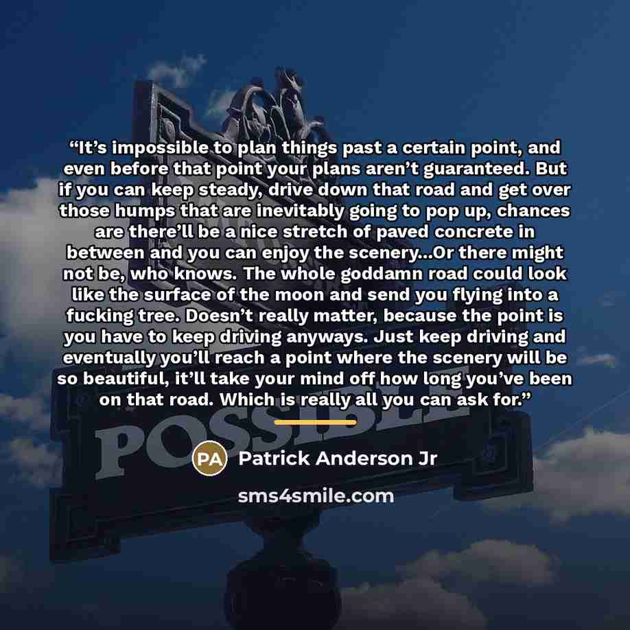 “It’s impossible to plan things past a certain point, and even before that point your plans aren’t guaranteed. But if you can keep steady, drive down that road and get over those humps that are inevitably going to pop up, chances are there’ll be a nice stretch of paved concrete in between and you…” quote by Patrick Anderson Jr