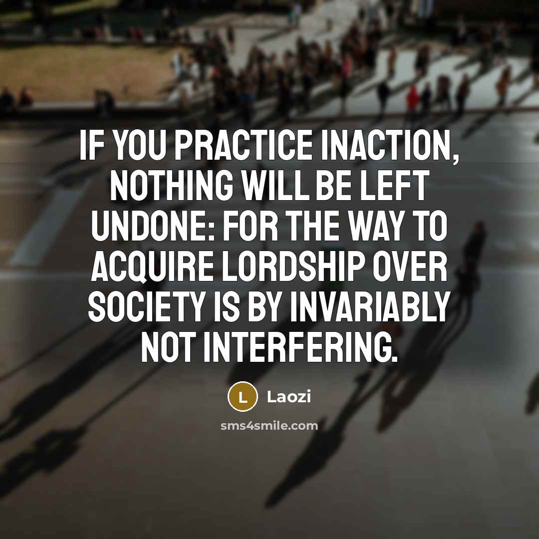 “If you practice inaction, nothing will be left undone: For the way to acquire lordship over society is by invariably not interfering.” quote by Laozi