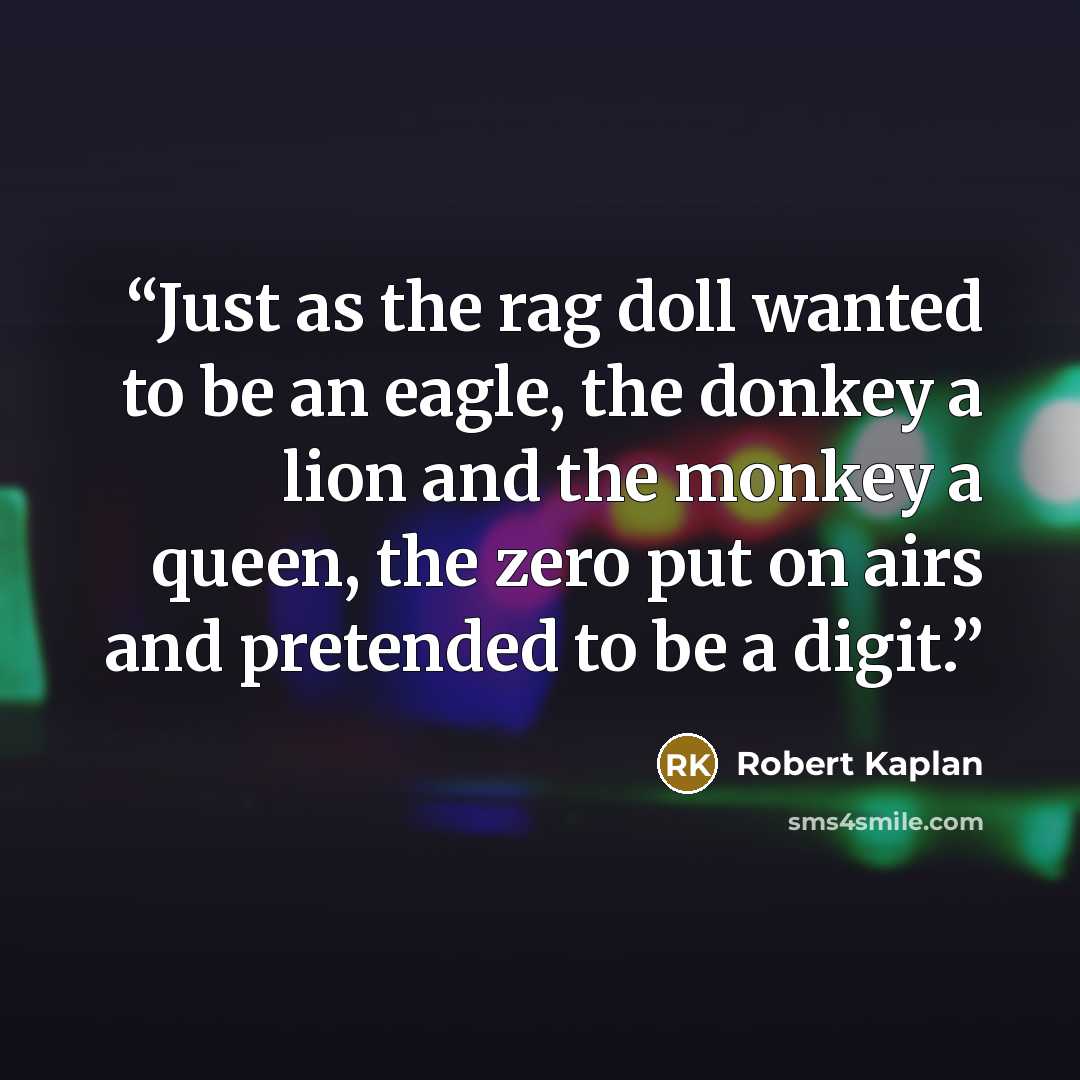 “Just as the rag doll wanted to be an eagle, the donkey a lion and the monkey a queen, the zero put on airs and pretended to be a digit.” quote by Robert Kaplan