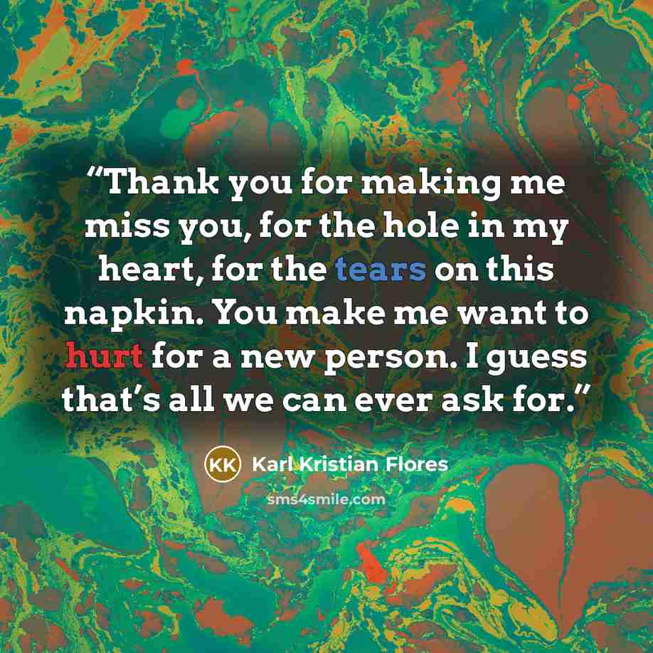 “Thank you for making me miss you, for the hole in my heart, for the tears on this napkin. You make me want to hurt for a new person. I guess that’s all we can ever ask for.” quote by Karl Kristian Flores