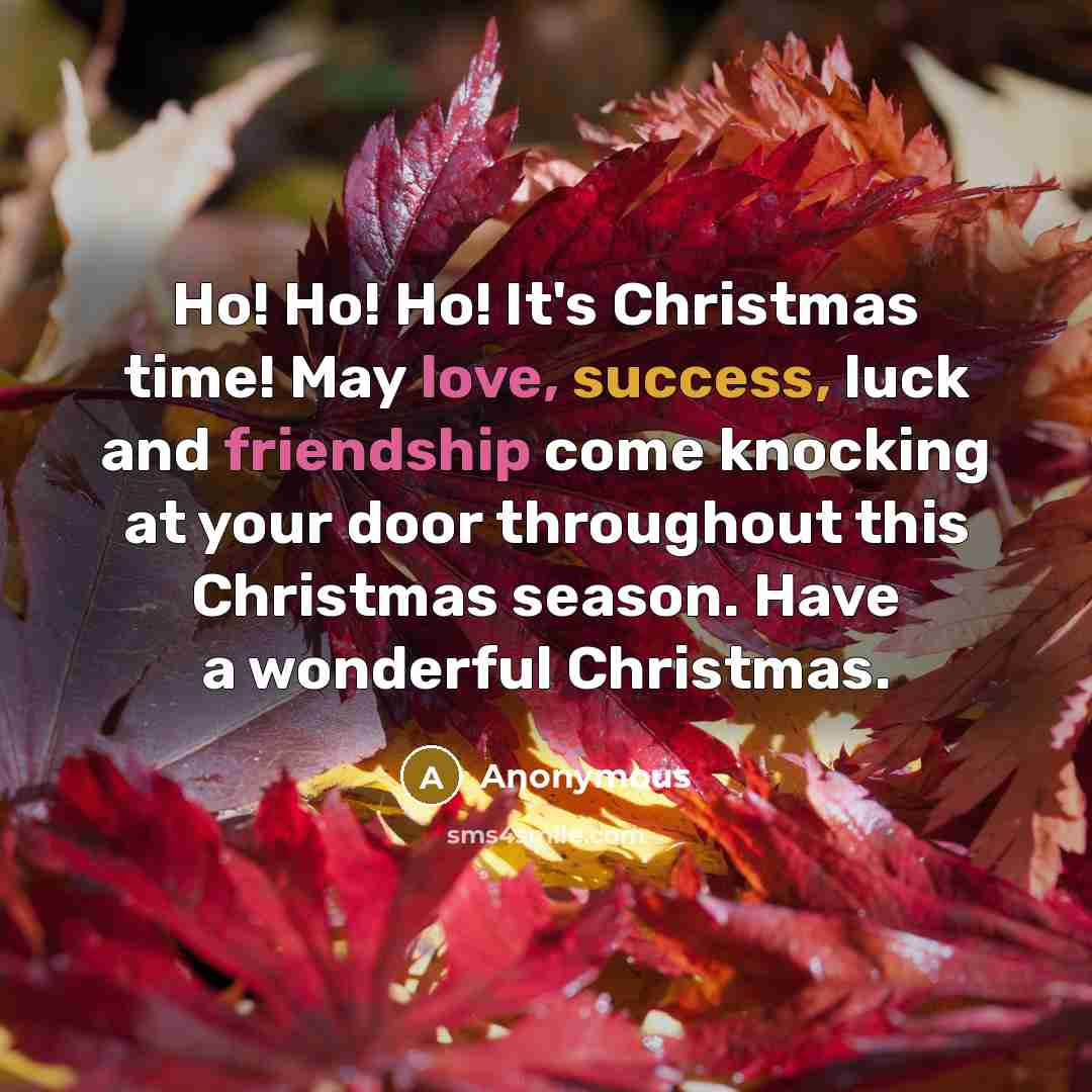 “Ho! Ho! Ho! It's Christmas time! May love, success, luck and friendship come knocking at your door throughout this Christmas season. Have a wonderful Christmas.” quote by Anonymous