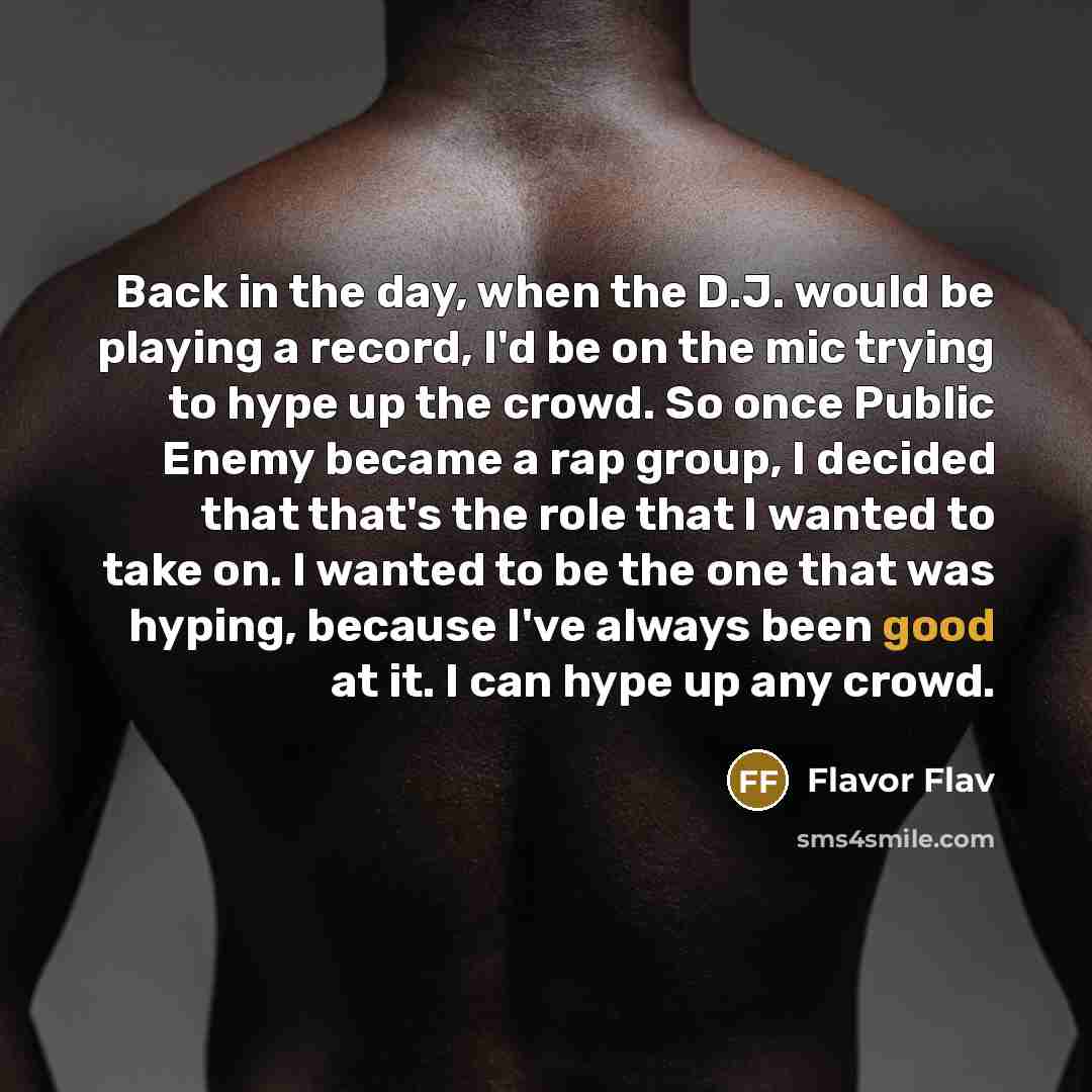 “Back in the day, when the D.J. would be playing a record, I'd be on the mic trying to hype up the crowd. So once Public Enemy became a rap group, I decided that that's the role that I wanted to take on. I wanted to be the one that was hyping, because I've always been good at it. I can hype up any…” quote by Flavor Flav