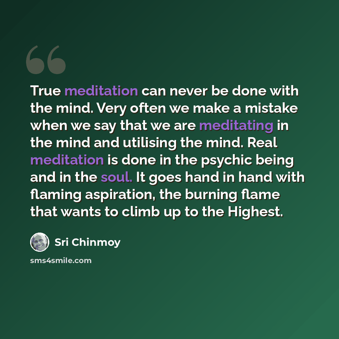 “True meditation can never be done with the mind. Very often we make a mistake when we say that we are meditating in the mind and utilising the mind. Real meditation is done in the psychic being and in the soul. It goes hand in hand with flaming aspiration, the burning flame that wants to climb up…” quote by Sri Chinmoy