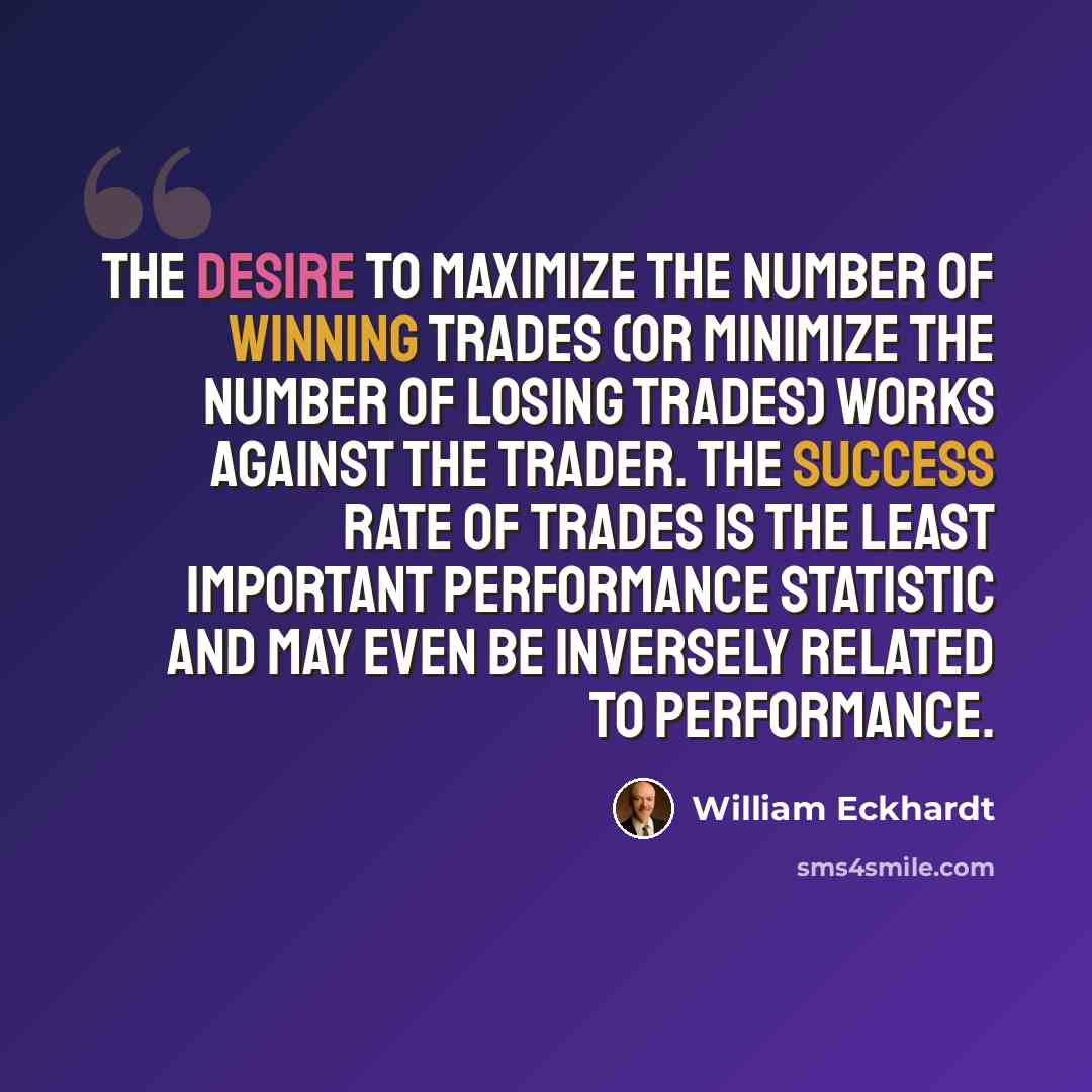 “The desire to maximize the number of winning trades (or minimize the number of losing trades) works against the trader. The success rate of trades is the least important performance statistic and may even be inversely related to performance.” quote by William Eckhardt